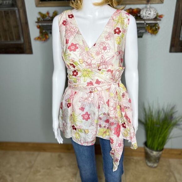 Vintage Faux Wrap Floral Print V-Neck 100%Silk Peplum Hem Top Size Small - Picture 8 of 14
